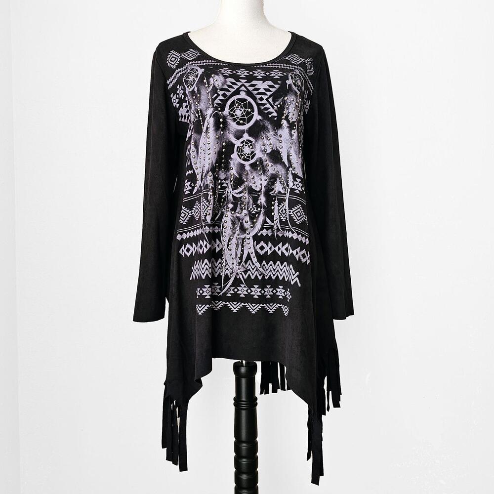 Vocal Large Black Tunic Fringe Faux Suede Dreamcatcher Print and Stud Details